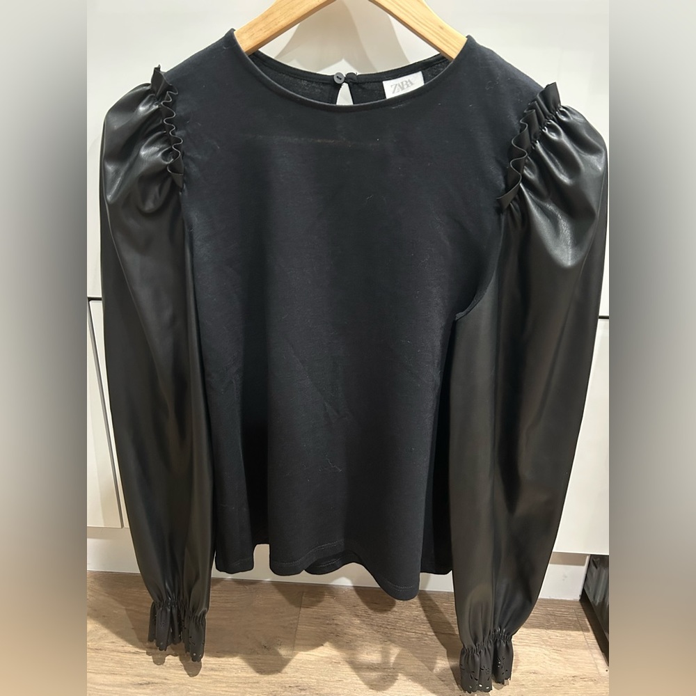 Girls Zara Faux Leather Sleeve Top in Black